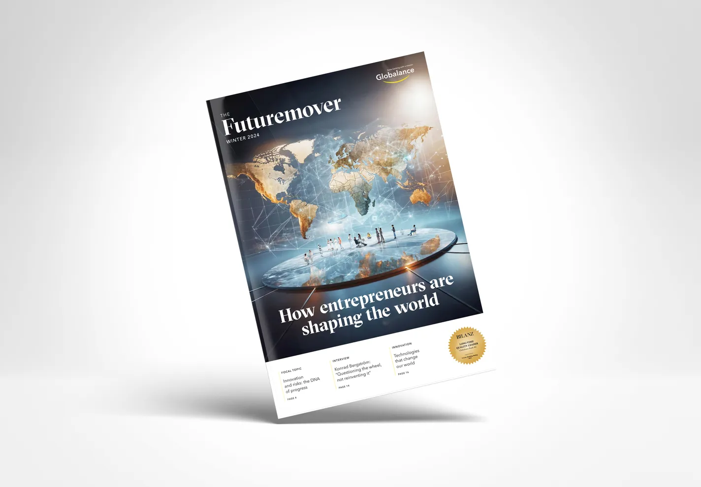 Futuremover cover, winter 2024: a golden world map above a stage of small figures — “How entrepreneurs are shaping the world”