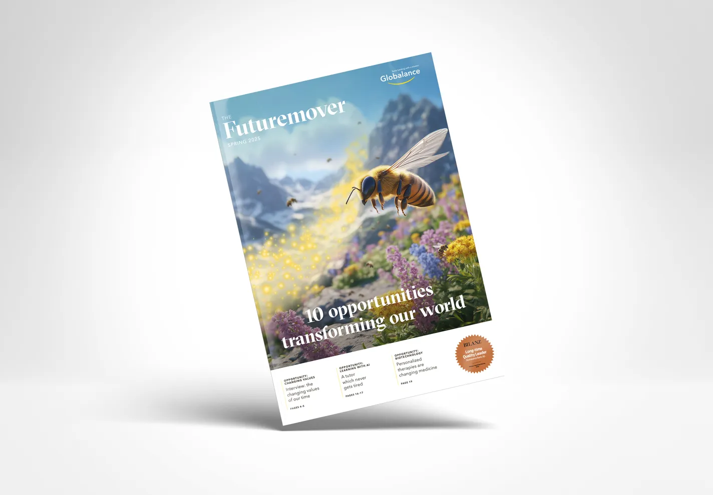 Futuremover cover, spring 2025: a macro bee over an alpine meadow — “10 opportunities transforming our world”