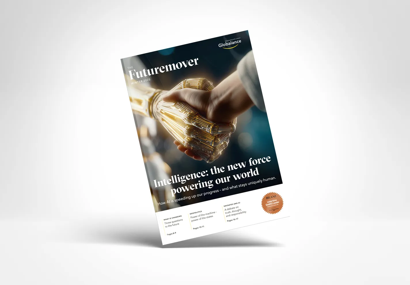 Futuremover cover, winter 2025: a gold human-machine handshake — “Intelligence: the new force powering our world”