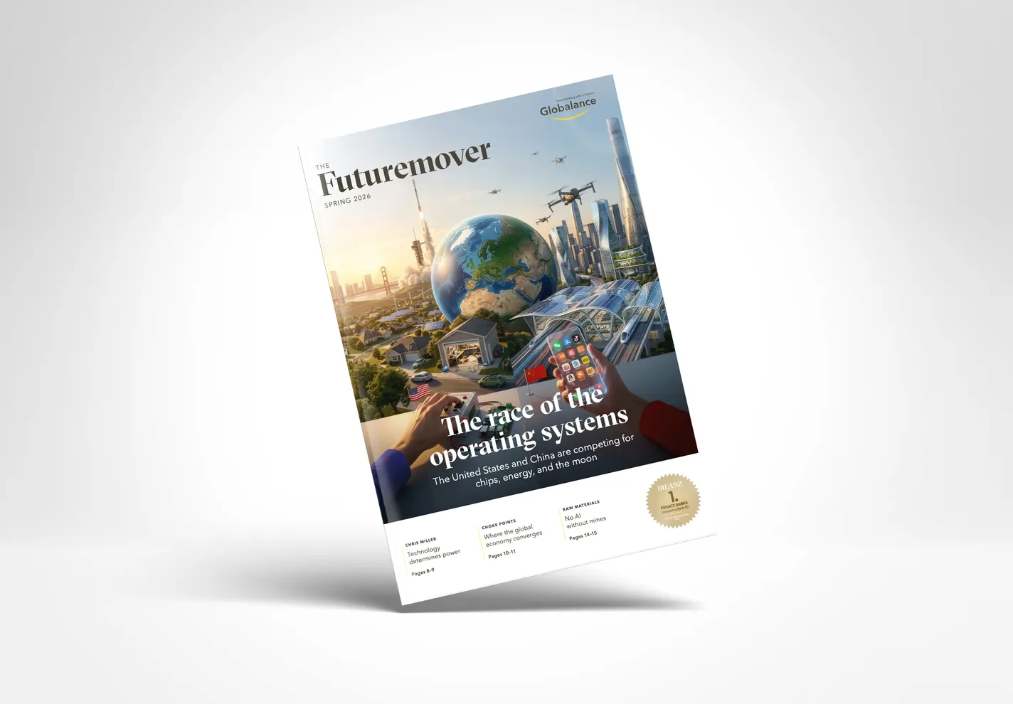 Futuremover cover, spring 2026: the Earth over wind turbines, rooftop solar and city towers — “The race of the operating systems”
