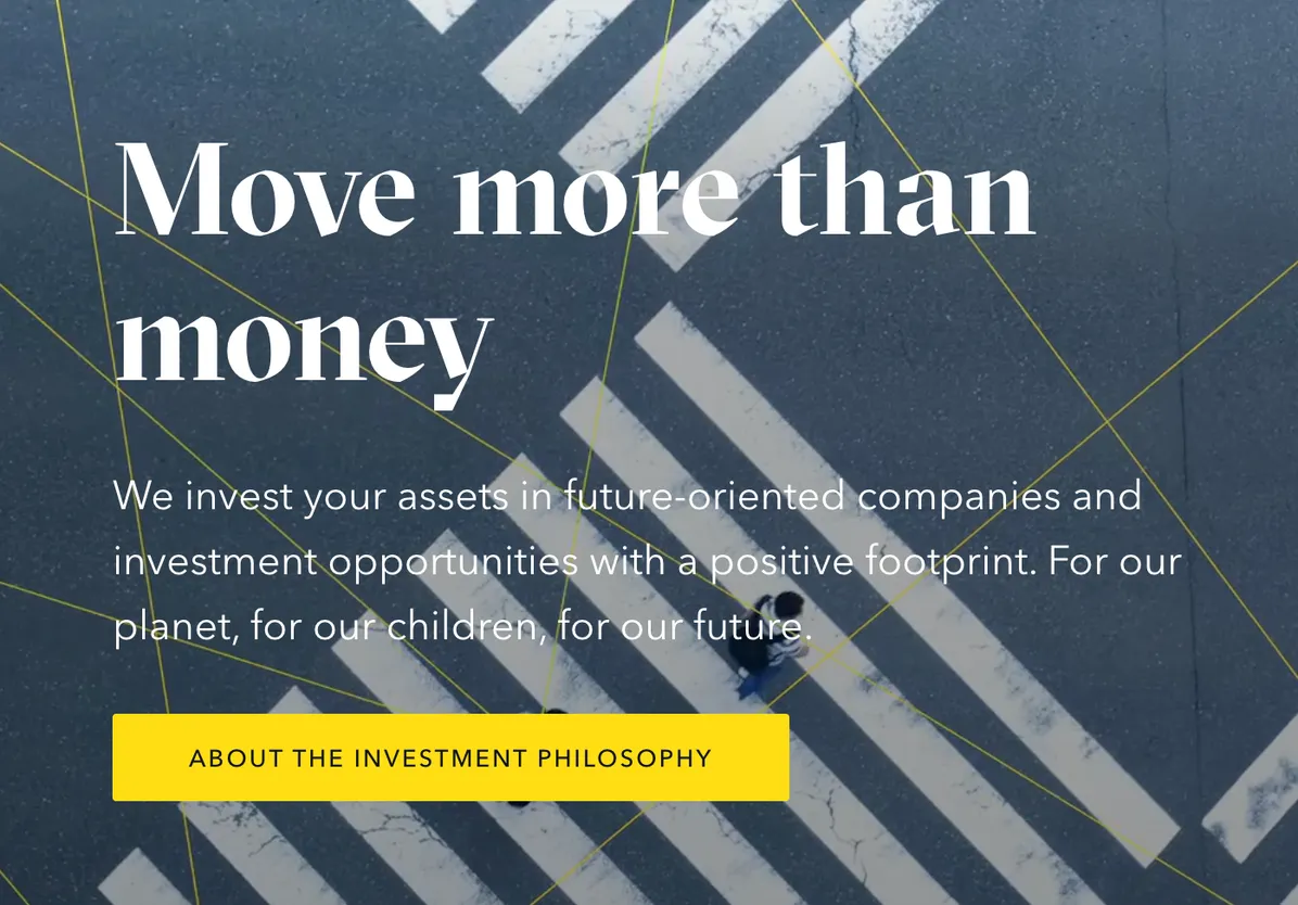 Globalance homepage carousel slide: “Move more than money” — a city crossing seen from directly above, a yellow network drawn between the people on it