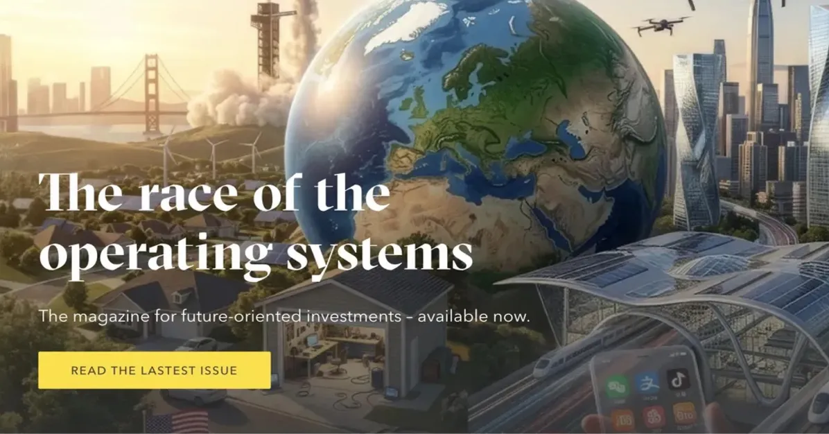 Globalance homepage carousel slide: “The race of the operating systems” — a green-blue Earth among city towers, rooftop solar, wind turbines and trains, announcing the spring 2026 issue