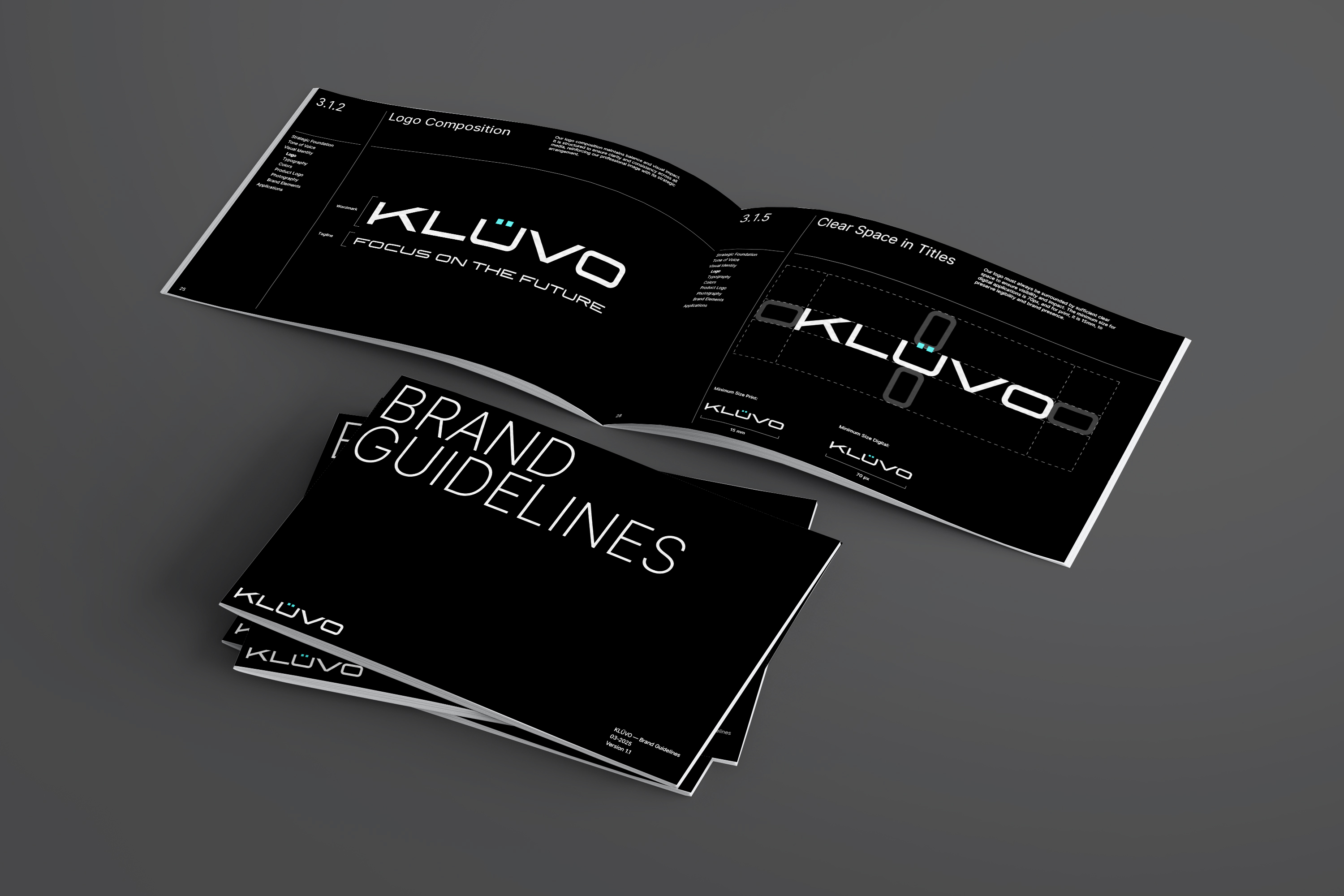 Klüvo brand-guidelines booklets, black covers and spreads built around the wordmark