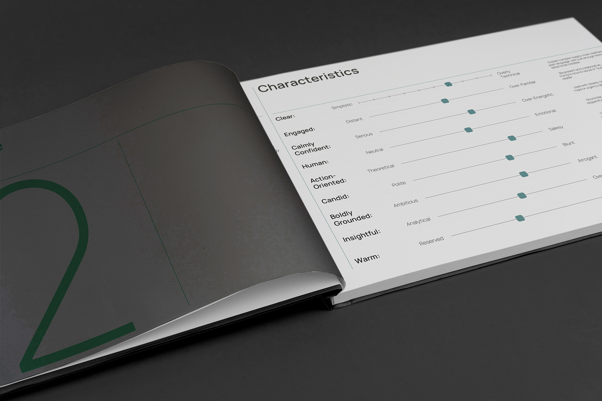 A Brand Guidelines spread showing the voice Characteristics scales