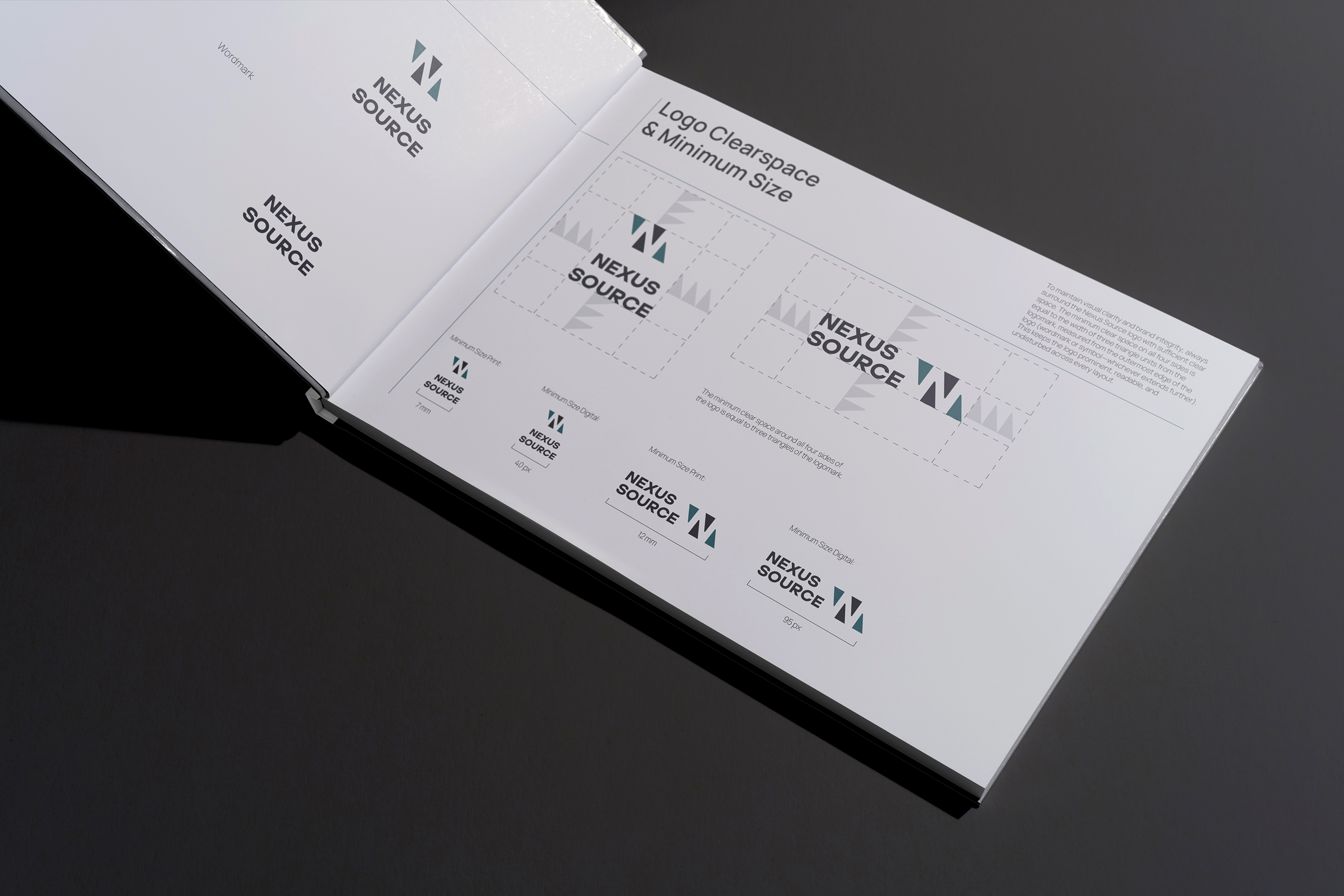 A Brand Guidelines spread showing Logo Clearspace & Minimum Size