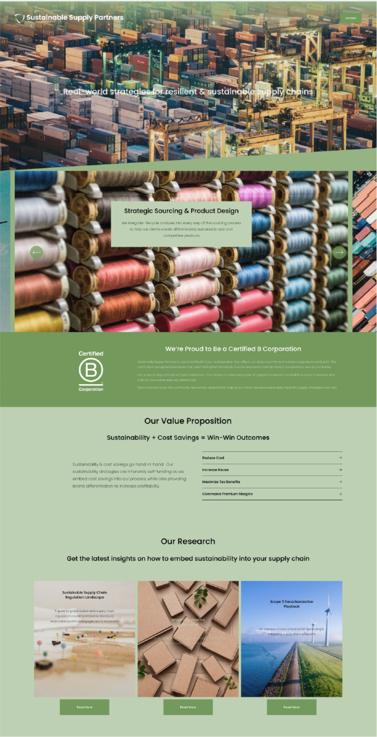 The old Sustainable Supply Partners homepage, top to bottom: a photographic container-port hero, a wall of thread spools over “Strategic Sourcing & Product Design”, a green Certified B Corporation panel, the Value Proposition section, and a research library